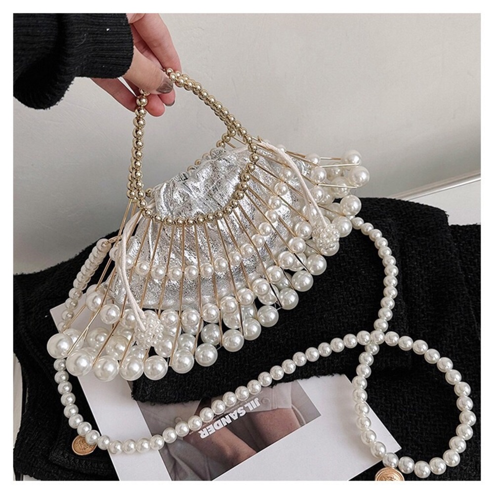 women's pearl chain oblique hollow handbag - Picture 2 of 16